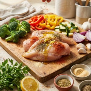 High Protein Chicken Dinner ingredients with seasoned chicken and fresh vegetables