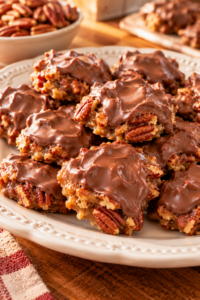 Pecan Dandy Dos with toasted pecans and chocolate topping on a serving plate