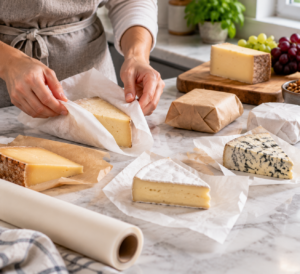 Preparing cheese for proper storage with wrapping paper