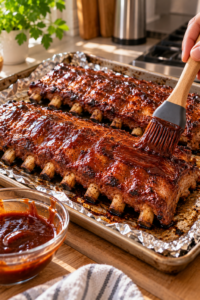 Brushing cooked pork ribs with barbecue sauce to finish slow cooker BBQ ribs.