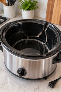 Cracked slow cooker insert with severe structural damage inside an unplugged appliance