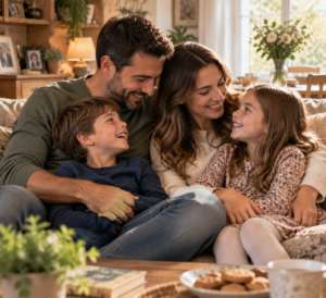 happy family representing the family riddle puzzle theme