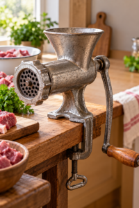 Vintage meat grinder showing its hopper, hand crank, front ring, and table clamp.