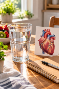 Morning glass of water beside heart-health reading material for an article about drinking water in the morning.