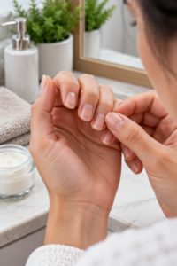 Adult examining splitting and breaking nails before beginning a protective nail-care routine