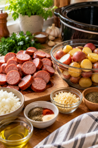 Preparing slow cooker sausage and potatoes with sliced sausage and baby potatoes