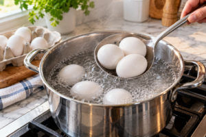 Easy-peel hard-boiled eggs lowered gently into boiling water