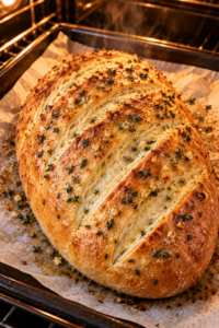 Garlic herb bread baking as its diagonal scores open and the crust turns golden