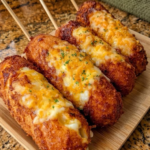 Cheesy Korean Corn Dogs with a crispy golden coating and melted cheese topping