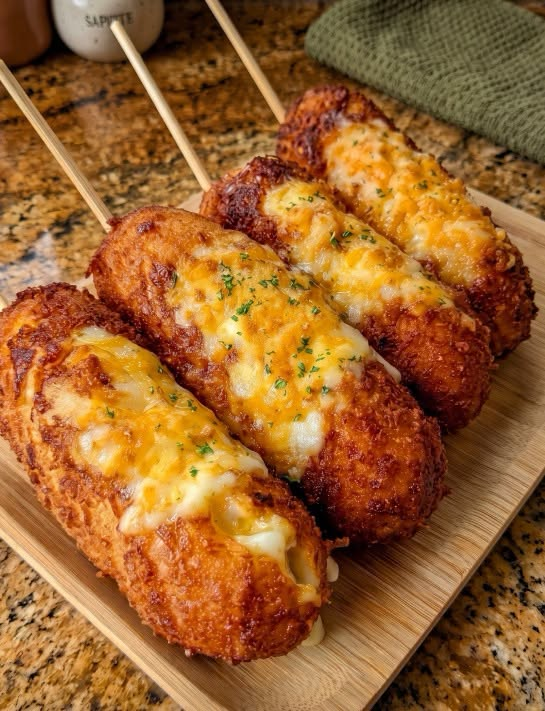 Cheesy Korean Corn Dogs with a crispy golden coating and melted cheese topping