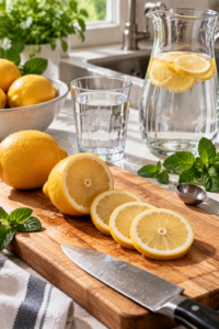 Preparing unsweetened lemon water and blood sugar friendly hydration