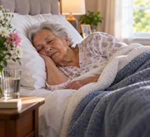 elderly person resting in bed with increased weakness and sleep