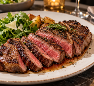 sliced cooked steak with natural red meat juices