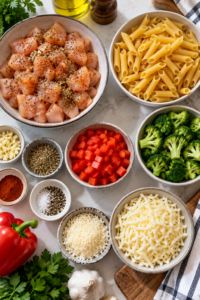 Ingredients prepared for Creamy Chicken Broccoli Pasta Bake
