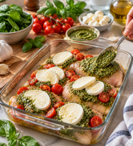 Preparing Spinach Pesto Mozzarella Chicken Bake with pesto and fresh ingredients