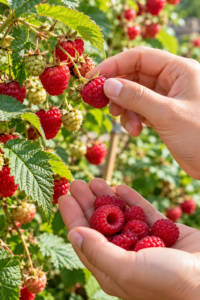 Hand gently removing a ripe berry from its cane to demonstrate how to pick raspberries.