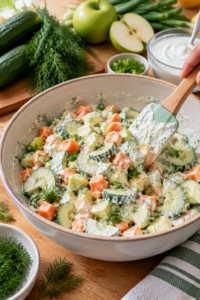 Mixing Creamy Cucumber Carrot Salad with yogurt dressing