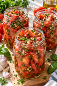 Three jars of marinated tomatoes with garlic, fresh herbs, and tomato dressing.