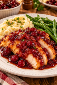Amish Cranberry Chicken with tender chicken and cranberry sauce served for dinner