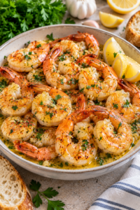 Finished garlic butter shrimp with lemon and parsley in a serving bowl