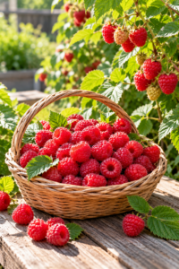Basket of freshly harvested red berries after following a guide on how to pick raspberries.