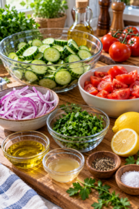 marinated cucumber salad ingredients with sliced cucumbers tomatoes and onions