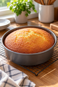 Golden vanilla sponge for chocolate hazelnut cake cooling after baking.