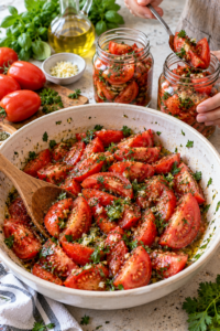 Garlic and herb marinated tomatoes being mixed and spooned into glass jars.