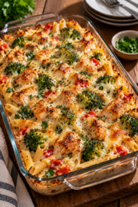 Finished Creamy Chicken Broccoli Pasta Bake with browned cheese and parsley
