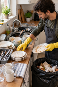 How to clean a messy kitchen by sorting dishes and removing rubbish