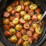 Slow cooker sausage and potatoes with tender baby potatoes and sliced sausage