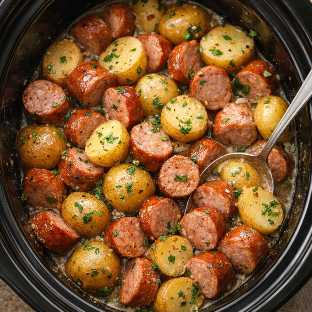 Slow cooker sausage and potatoes with tender baby potatoes and sliced sausage
