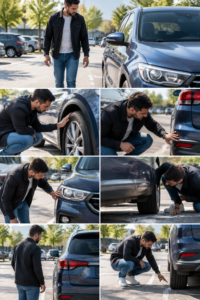 Driver checking all four wheels after finding a Water Bottle on Car Tire