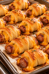 3-Ingredient Cheddar Bratwurst Bites baking until golden and cheesy