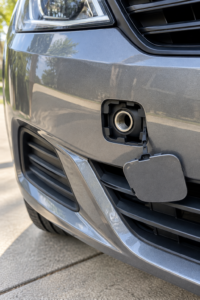 car bumper tow hook cover removed to reveal the threaded mounting point