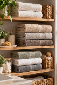 Neatly folded lines on bath towels facing outward
