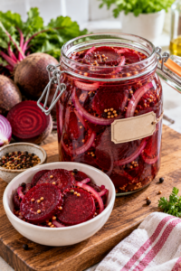 Finished Refrigerator Pickled Beets served beside a chilled glass jar