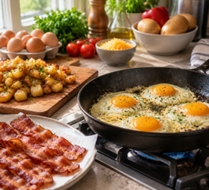 Classic American breakfast plate cooking with crispy bacon and eggs