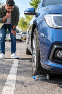 Driver discovering a Water Bottle on Car Tire in a public parking area