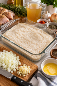 Preparing rice and seasonings for Oven Baked Chicken and Rice