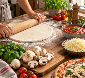 mushroom pizza baking with melted cheese