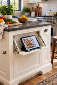 Modern Kitchen Island Cookbook Holder adapted safely for a tablet