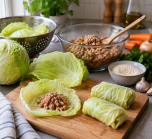 Stuffed cabbage rolls recipe preparation with fresh cabbage leaves