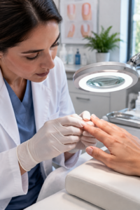 Dermatologist examining persistent splitting and breaking nails during a professional consultation