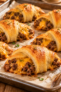 Baked 4-Ingredient Beef Crescent Puffs with golden crescent pastry and melted cheddar