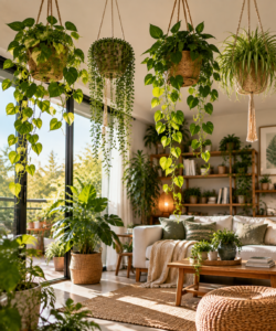 Beautiful indoor hanging plants decorating a modern home