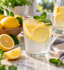 baking soda and lemon water drink served with fresh lemon