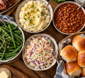 BBQ chicken sides mashed potatoes baked beans green beans and coleslaw