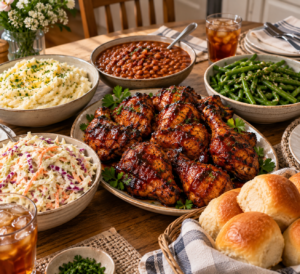 family BBQ chicken dinner with homemade sides