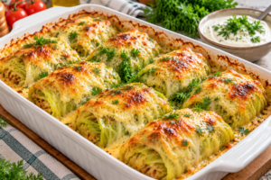 Finished Cheesy Potato Stuffed Cabbage Rolls with fresh herbs